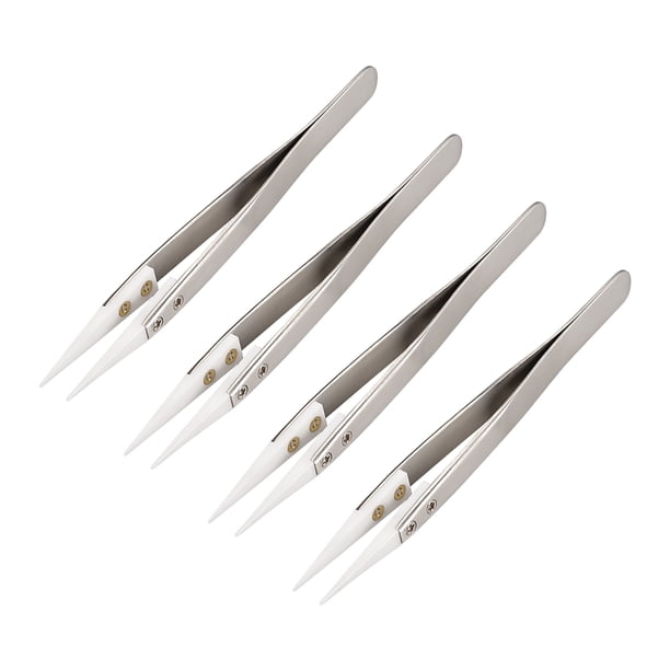 Pinzas de cerámica de precisión no conductivas antiestáticas, pinzas rectas puntiagudas, tono plateado, 4 piezas
