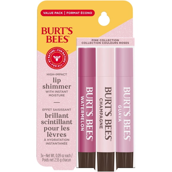 Burt's Bees Lip Shimmer, 100% Natural Origin Lip Gloss, Tinted Lip Colour | Get Soft and Hydrated Lips | Pack of 3 - (Pink) Champagne, Watermelon, Guava