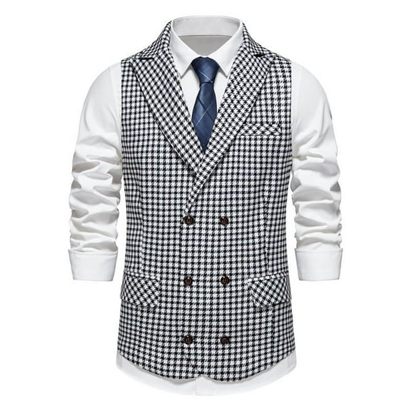 Yaoyar Blazer Vest Mens Slim Fit Double Breasted Lapel V Neck Button Sleeveless Waistcoats Pocket Plaid Business Wedding Prom Tops Casual Street Jacket Black L