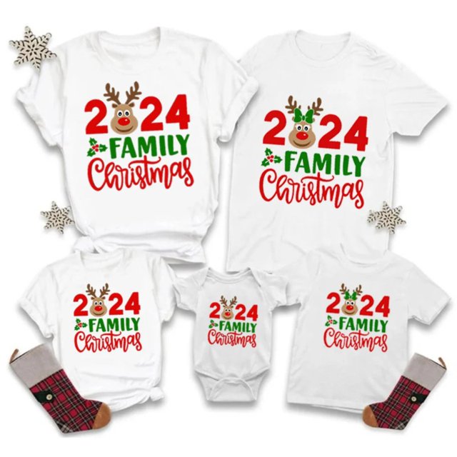 Conjunto navideño 2024 con estampado de ciervos y Navidad para toda la familia, ropa informal de manga corta para el día de Navidad
