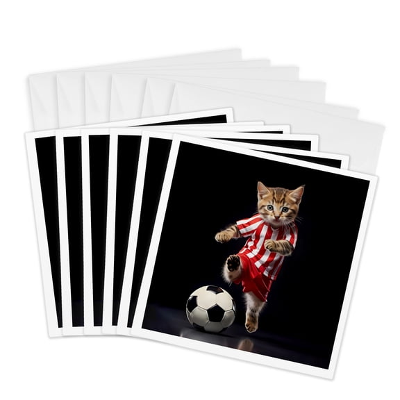 3drose, Funny Soccer Playing Kitten in Soccer Outfit, 6 Greeting Cards with Envelopes