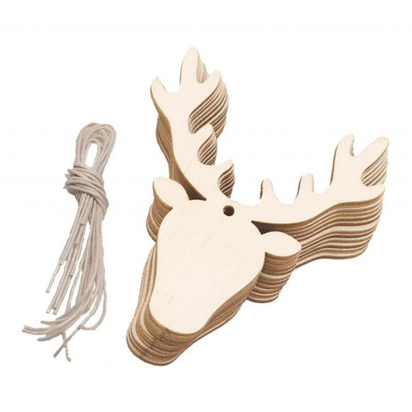 10 adornos para árboles de madera natural sin terminar, en blanco, con etiquetas y agujeros