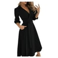 thumbnail image 2 of ZHOGXU Women's Dress Long Sleeve V Neck Solid Color Lace Up Fashion Comfortable Slim Fit Dresses With Pockets For Casual Daily Wear,Black,L, 2 of 8