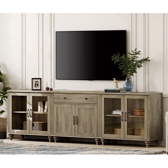 WAMPAT Farmhouse 100 Inch TV Stand & 3-in-1 Console Table, Entertainment Center with Glass Wood Doors, Storage Buffet Sideboard Cabinet, Wash Grey