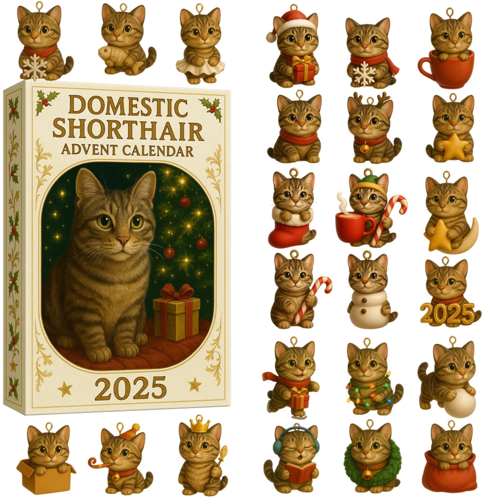 2025 Short Haired Acrylic Pendant Advent Calendar 24-Day Countdown with Cute Christmas Ornaments Hanging Holiday Decoration Gift for Tree, Home Friends Pet Lovers