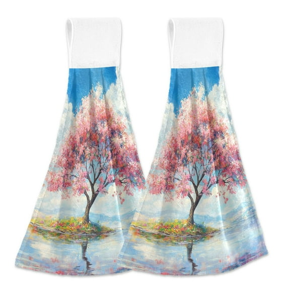 BZSMCE Hanging Hand Towels Fashion Cherry Blossom Serenity Pattern 2-Pack - Velcro Style Bathroom Kitchen Towels