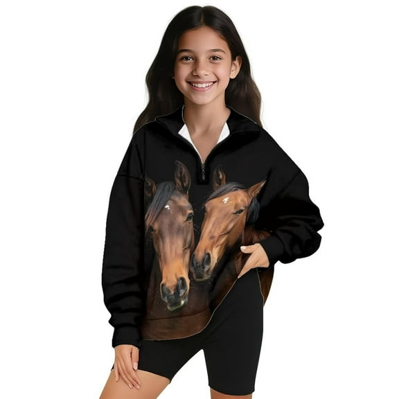Uorisanigo Girls Half Zip Cropped Pullover Sweatshirt Oversized Western Horse Sweatshirts Long Sleeve Athletic Tops Fall Fashion Essentials Quarter Zipper Hoodies Jackets