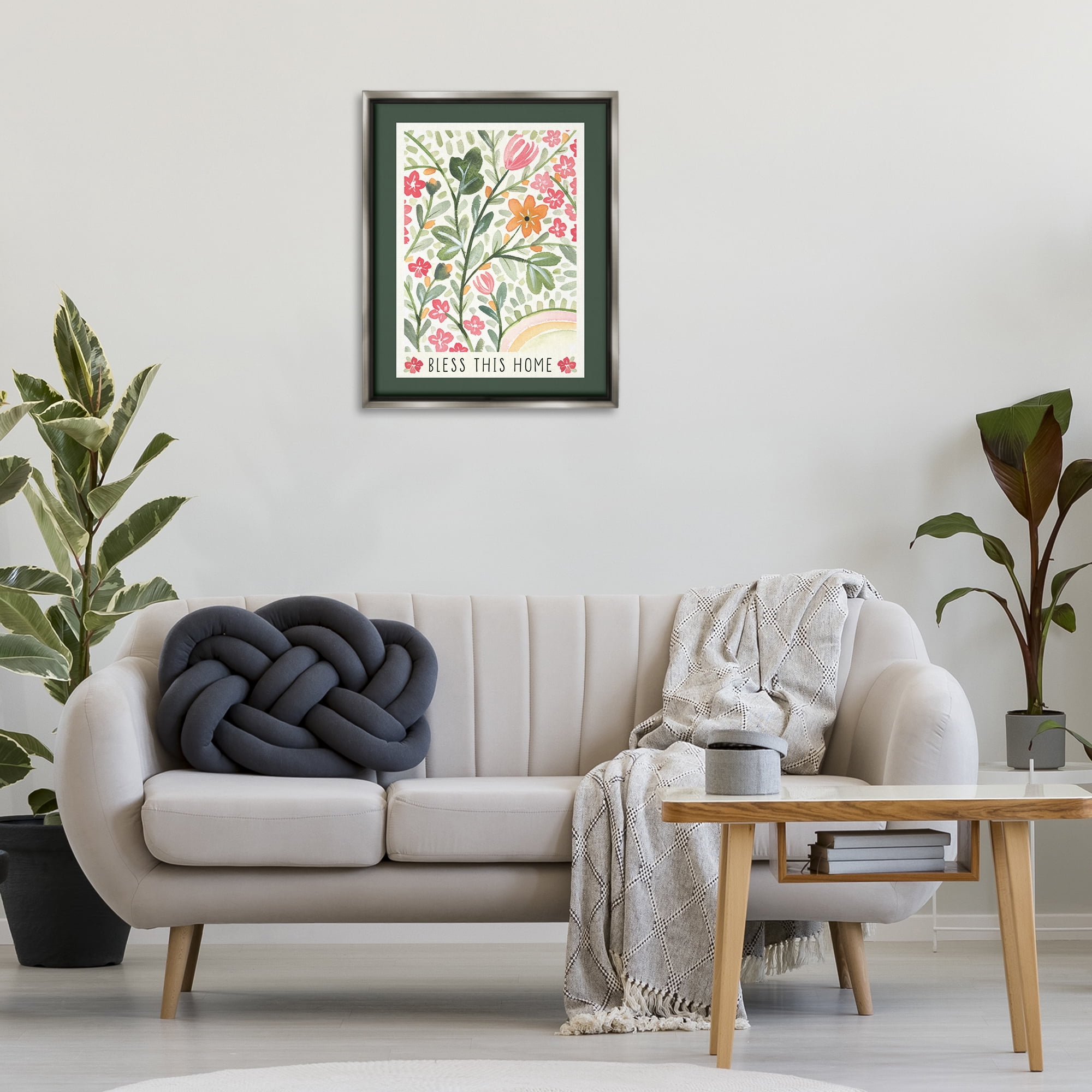 Stupell Industries Floral Bless Phrase Botanical & Floral Painting Gray Floater Framed Art Print Wall Art, 25 x 31