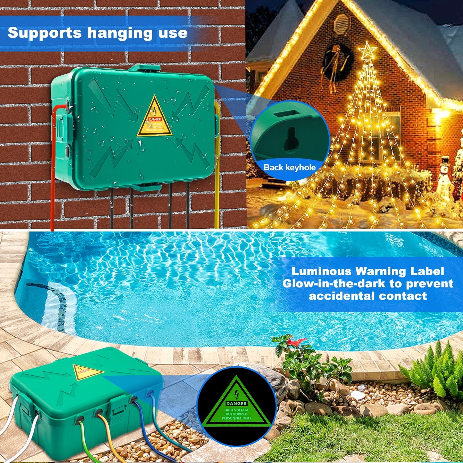 Kcpolre Large Outdoor Electrical Box (12.6x8.7x5.1 inch) , IP54 Weatherproof Electrical Box with 8 Cable Ports, Wall-Mountable for Power Strips, Holiday Lights, Pool Pumps, Green