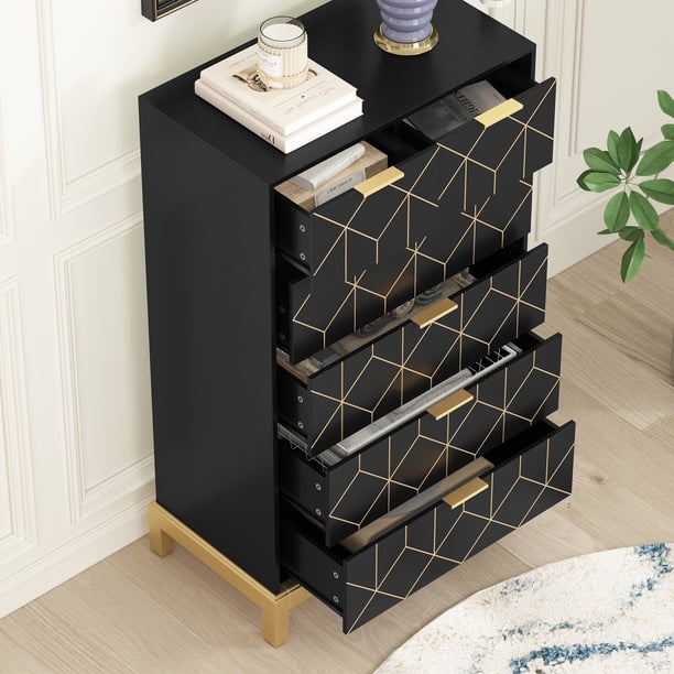HLR 6 Drawer Wood Large Dresser for Bedroom, All Age Modern Chest of  Drawers with Gold Trim, Black - Walmart Business Supplies