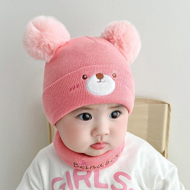 1set Kids' Solid Color Bear Embroidered Knitted Hat & Scarf Set