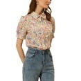 thumbnail image 4 of INSPIRE CHIC Women's Peter Pan Collar Blouse Floral Puff Short Sleeve Contrast Trim Cotton Button Down Top L White, 4 of 6