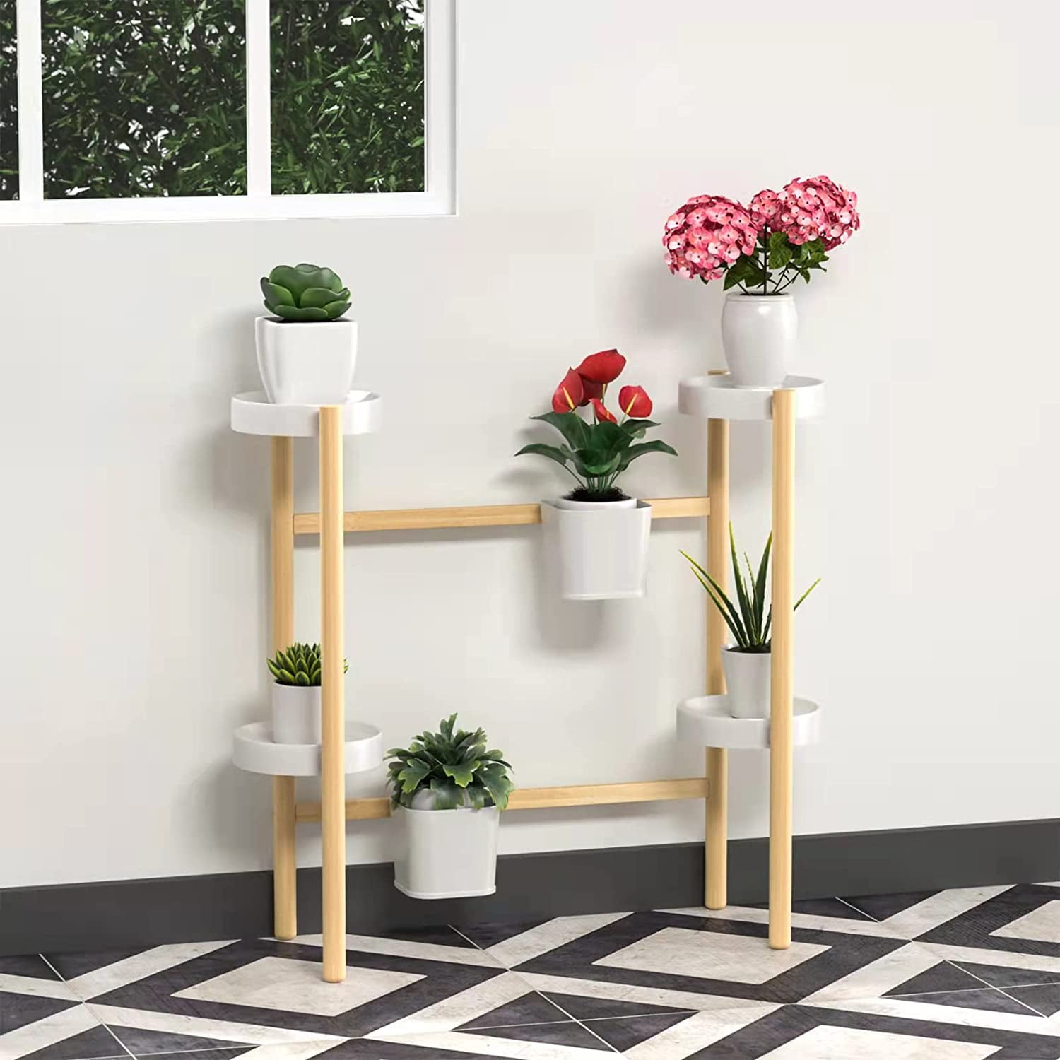 Kadyn Bamboo Plant Holder Indoor - Tall Corner Plant Stand - Flower and Plant Display Rack - Pot Holder Shelf - for Mini Gardens