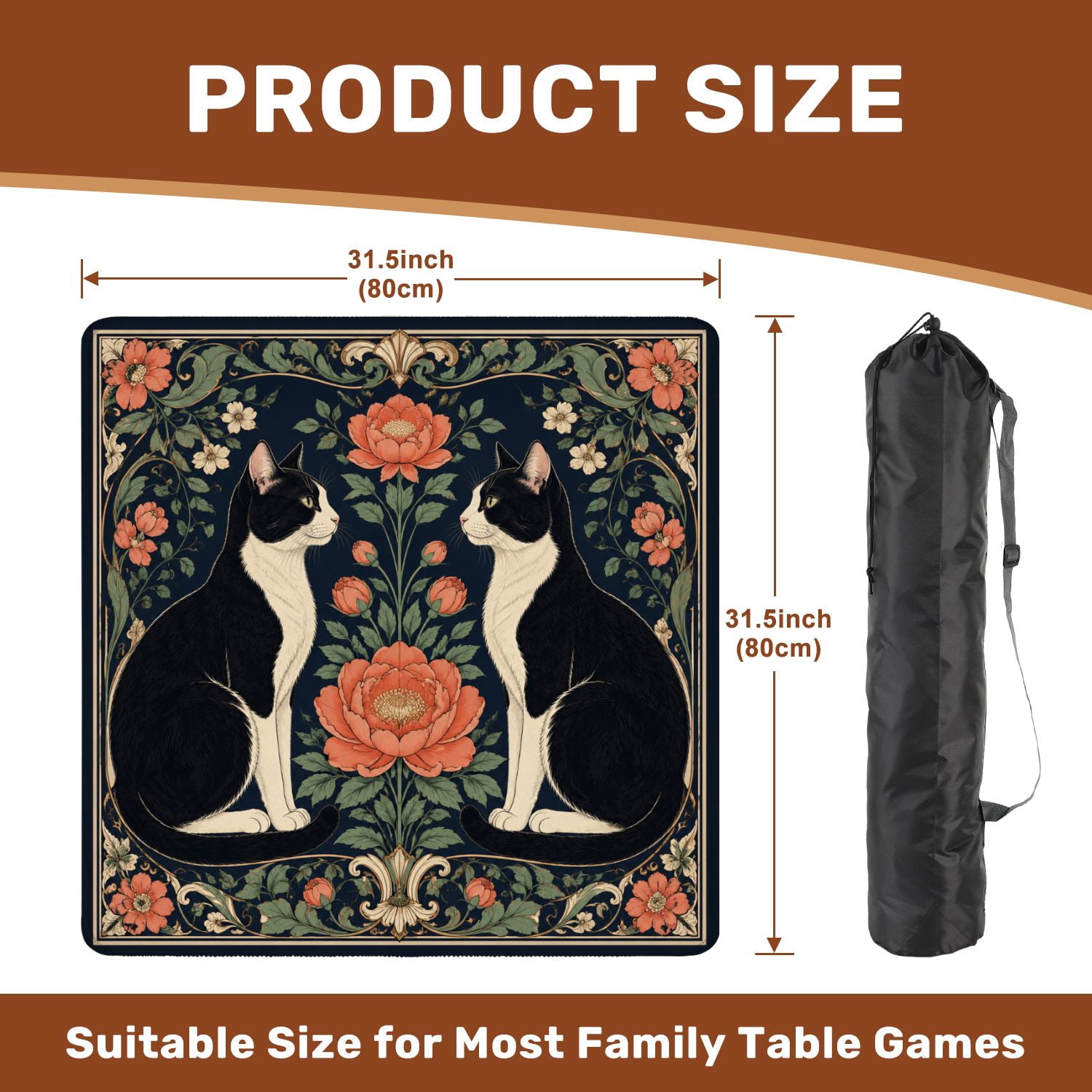 Mahjong Mat 31.5" x 31.5" Whimsical Cat Floral Art Nouveau Style Non-Slip Noise Reduction Mahjong Tiles Table Cover for Dominoes Poker Card Board and Tile Games