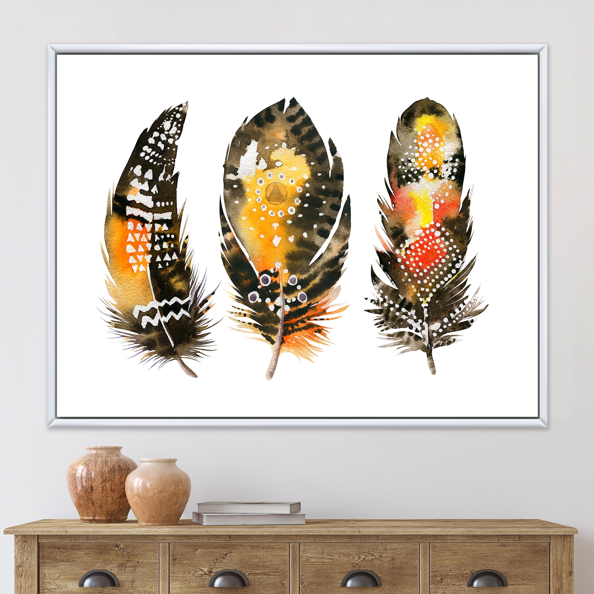 Designart 'Ethnic Boho Art Orange Feathers' Bohemian & Eclectic Framed Canvas Wall Art Print