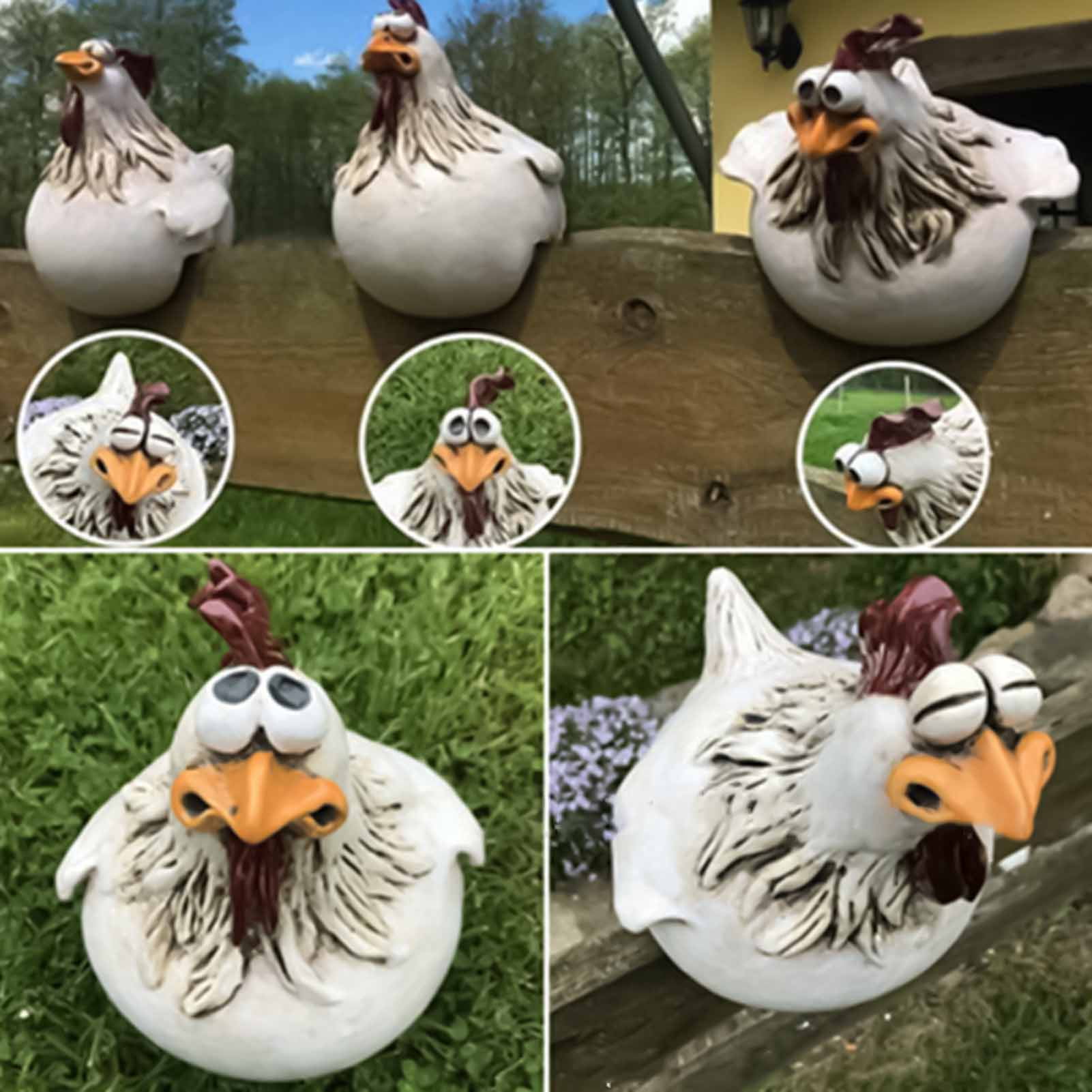 Fence Hen Garden Statue, Big Eye Chicken Outdoor Wall Art Decor, Resin Animal Yard Ornament