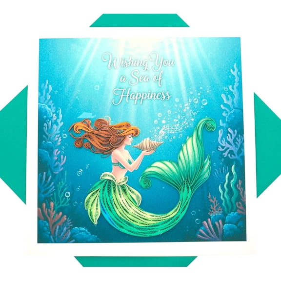 Mermaid Wishes, quilling art greeting card for birthday, valentine's day, mother's day, anniversary, thank you, get well, 6" x 6"