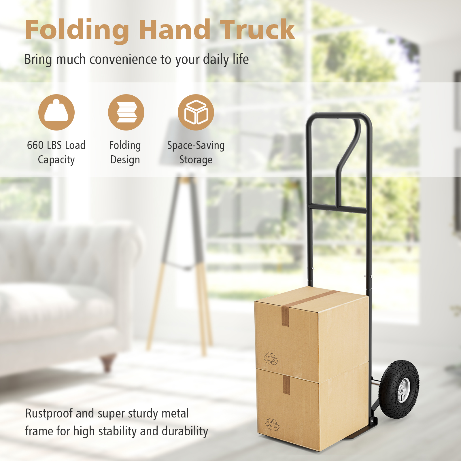 Costway Heavy Duty Hand Truck 660lbs Capacity Trolley Cart with  Foldable Nose Plate Black