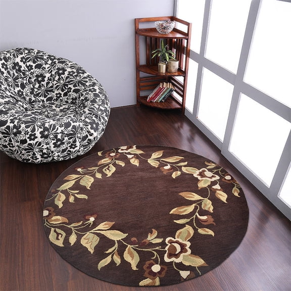 Rugsotic Carpets Hand Tufted Wool Eco-Friendly 8'x8' Area Rugs Round Brown Floral Modern High Pile Thick Handmade Anti Skid Indoor Rug for Living Room, Bedroom K00670