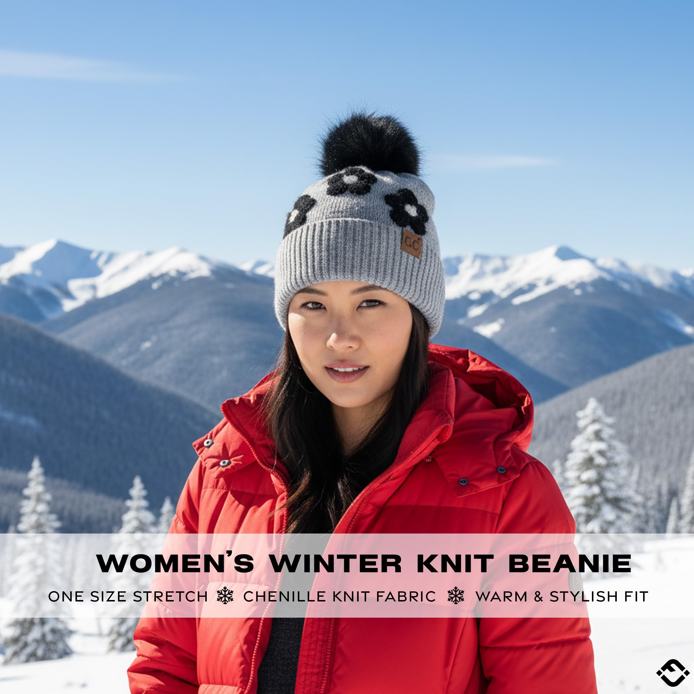 Funky Junque Beanie for Women Ultra Soft Chenille Faux Fur Pom Pom Winter Hats Warm Ski Cap Fashion - Daisy - Grey