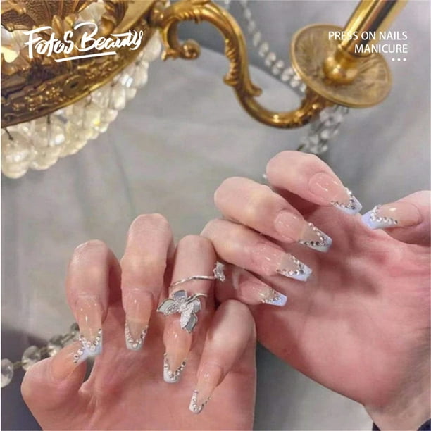 Fofosbeauty 24Pcs Press On False Nails, Coffin Fake Nails, Light Blue  Glitter French - Walmart.Com