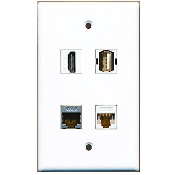 RiteAV - 1 Port HDMI 1 Port USB A-A 1 Port Shielded Cat6 Ethernet 1 Port Cat6 Ethernet White Wall Plate