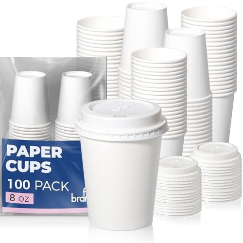 Fit Meal Prep 100 Pack 8 oz Disposable Coffee Cups with Lids, Premium Paper To Go Cups for Hot/Cold Beverages, Leak Proof Travel Cups for Cold/Hot Beverage, Office (White Lids)