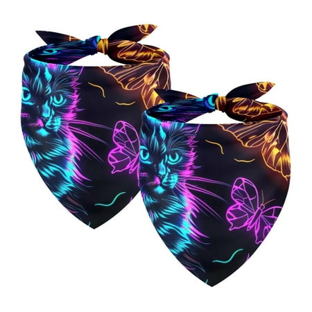 PhooArto Neon Butterflies and Cats Pattern Dog Bandanas 2 Pack Soft Washable Pet Scarf Triangle for Large Dogs Puppies and Cats