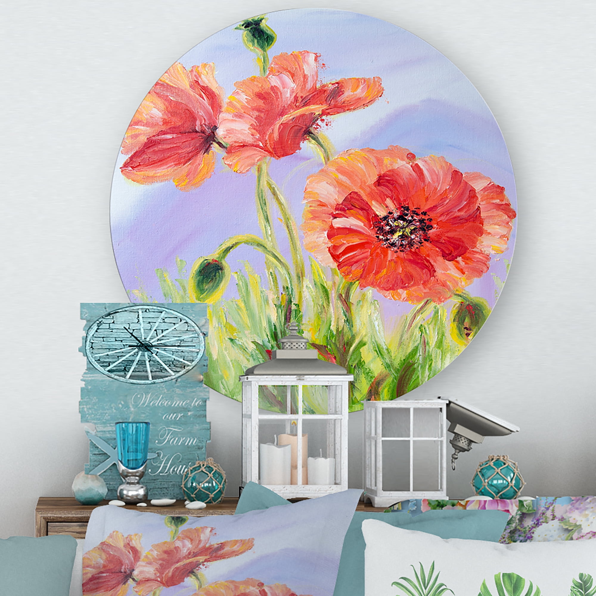 Designart 'Blossoming Poppies At Dawn' Traditional Circle Metal Wall Art 11x11 - Disc of 11