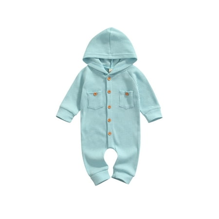 

Autumn Infant New Baby Boys Girls Solid Color Romper Long Sleeve Hooded Jumpsuit Pockets Spring Fall Clothes