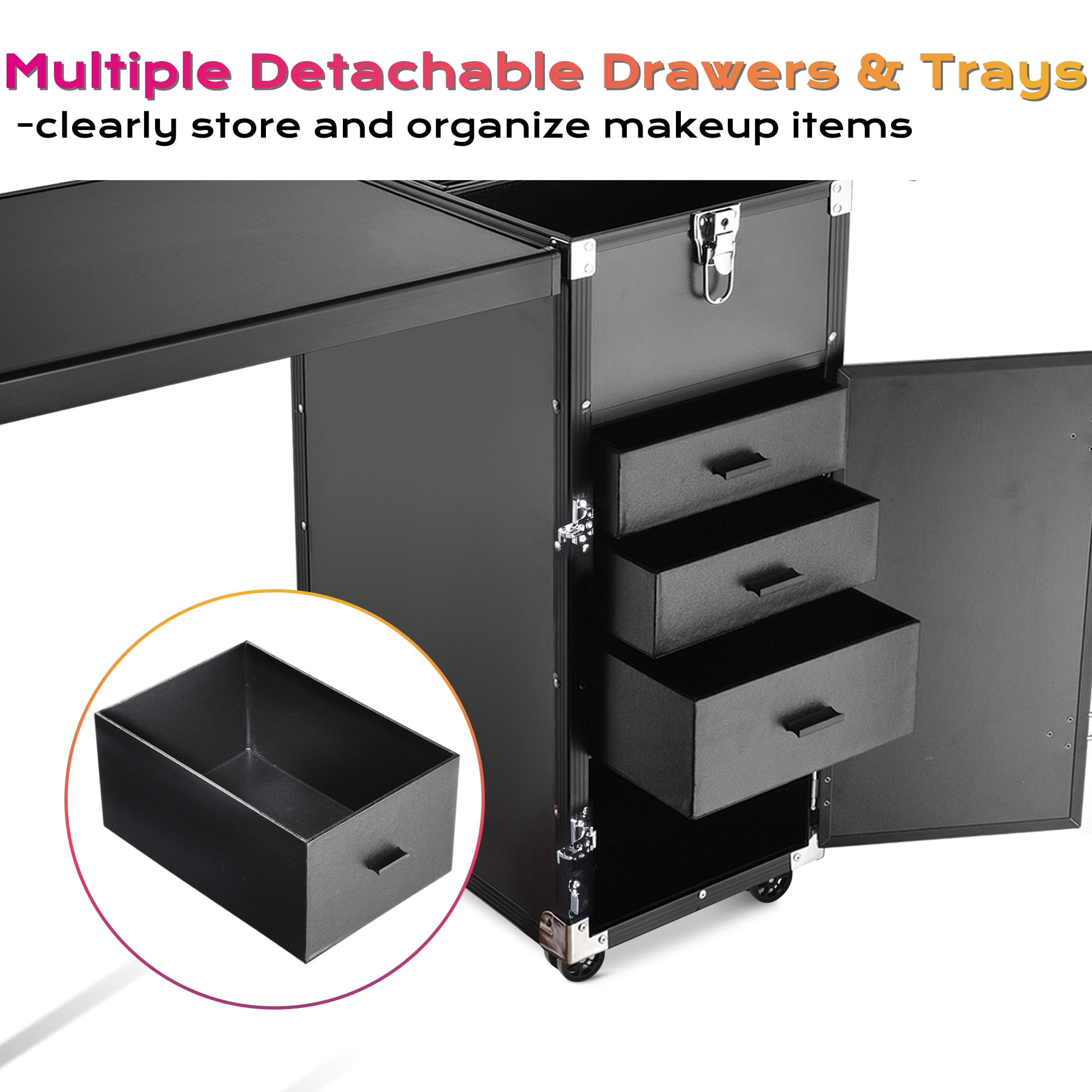Byootique Portable Manicure Table Desk for Nail Tech Organizer Rolling Makeup Case with Wheels and Telescopic Handle for Manicurist Technician, Black