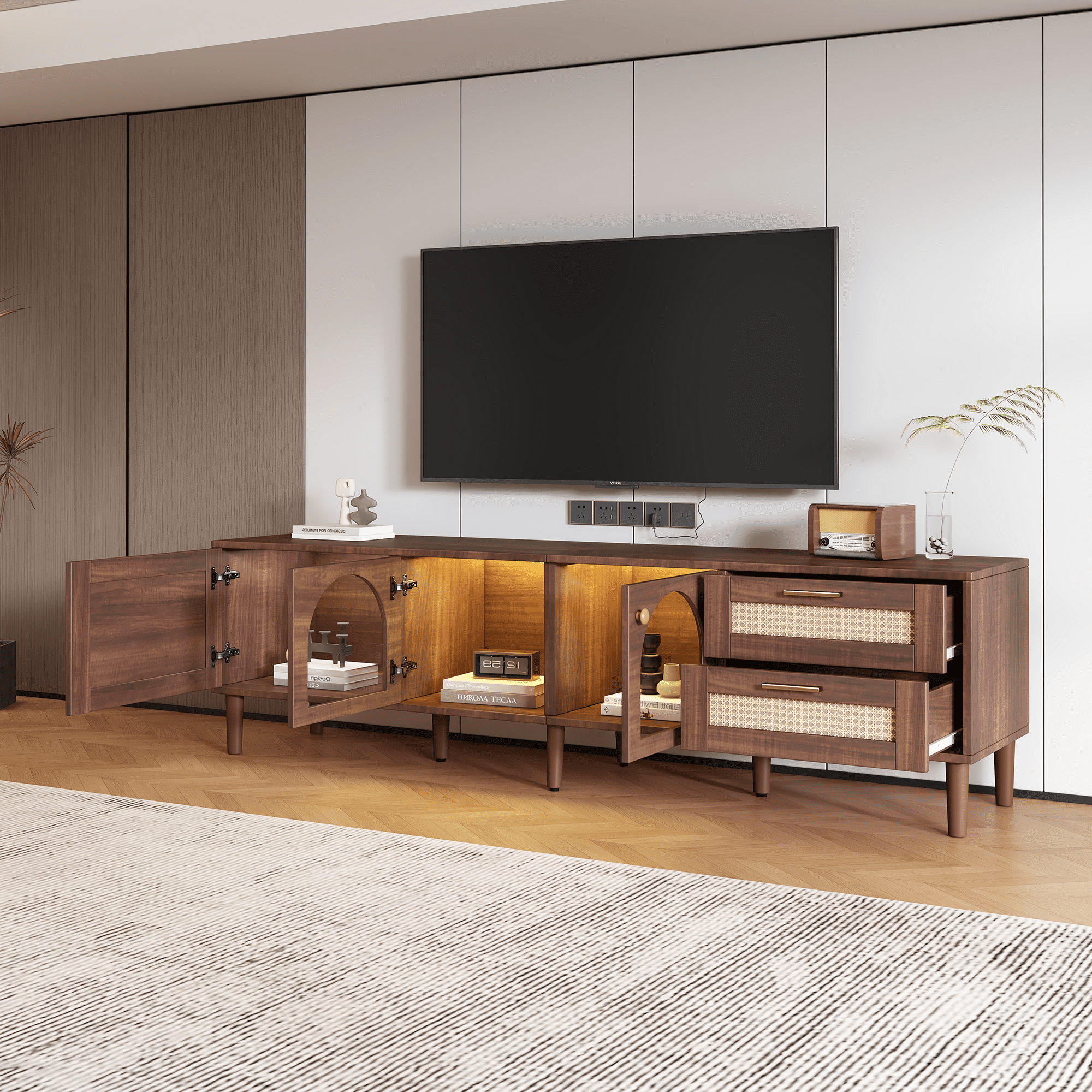 TV Stand for TVs up to 80 Inch, Entertainment Center with App-Controlled LED Lights & Rattan Doors, Media Console with Glass Door Storage for Living Room