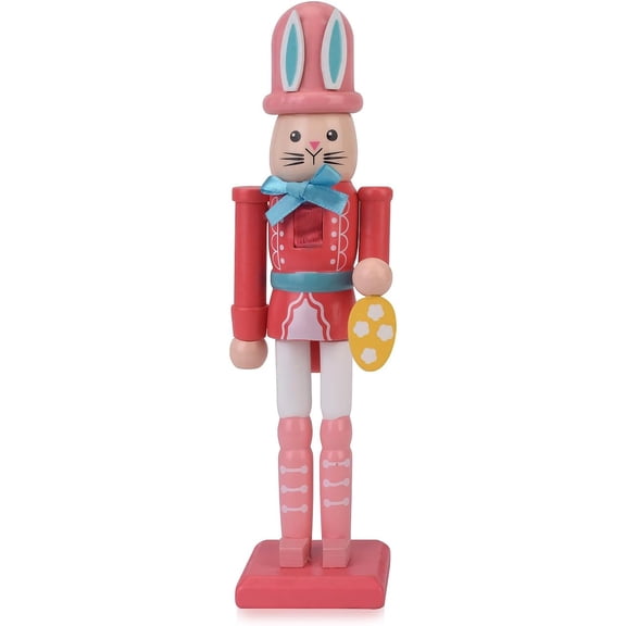 HoliHive 7 Inch Easter Bunny Nutcracker Decoration, Wooden Rabbit Soldier Figure for Spring Holiday Tabletop Display