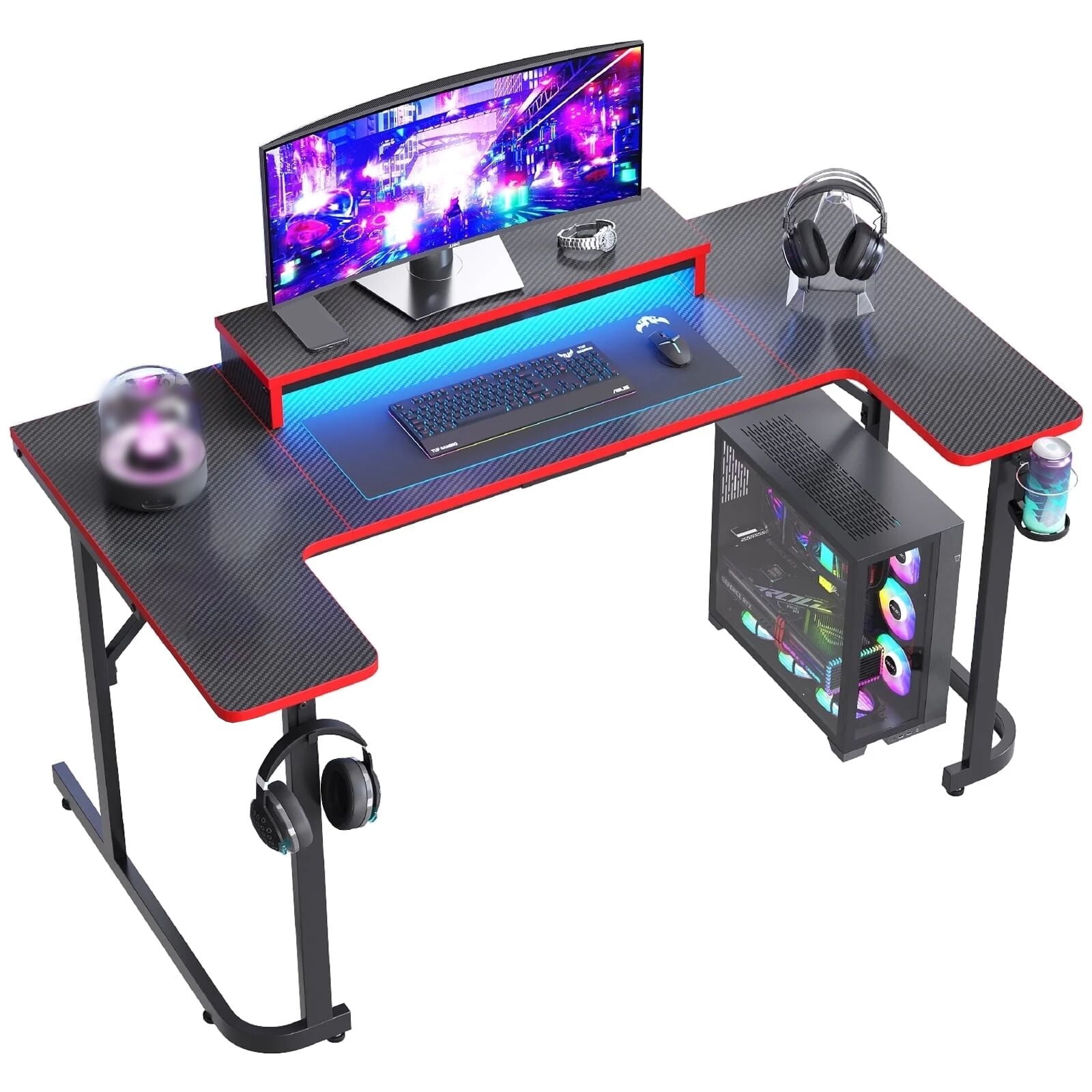 Bestier U-shaped Gaming Desk with Monitor Stand, LED Lights, Headphone Hooks, Cup Holder, 31.5 x 59 in, Carbon Fiber Black