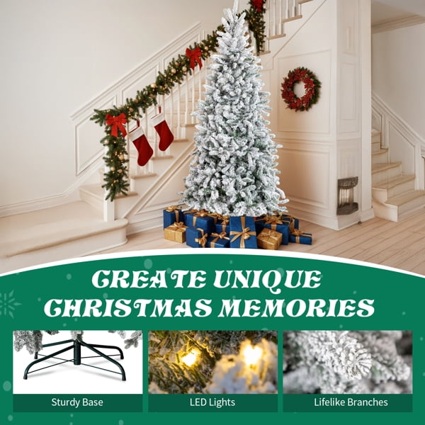 Alvantor 7 ft Pre-Lit Flocked Pencil Christmas Tree, 400 Warm White LED Lights, 8 Modes, 1100 Tips, Snowy Green
