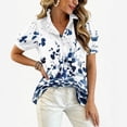 thumbnail image 4 of Boho Patchwork Print Blouse for Women, V-Neck Short Sleeve Button Down Top with Puff Sleeves - Colorful Casual Summer Tunic Shirt for Vacation & Beach Blue M, 4 of 6
