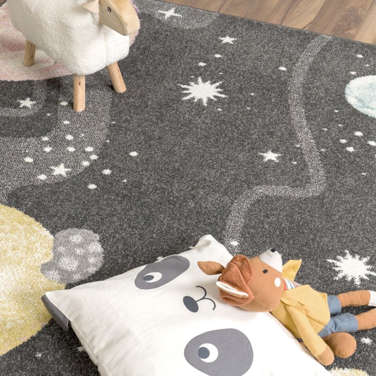 Paco Home Kids Rug Space with Planets and Stars in Pastel Colors anthracite  - 6'7 Round 