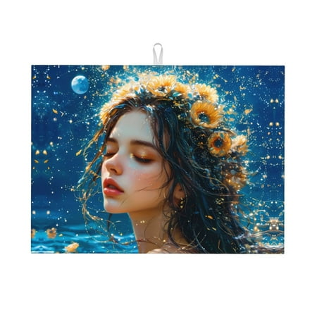 

Large Dish Drying Mats for Kitchen Counter - Fresh Sunflower Beautiful Woman 18x24In Anti-Slip Absorbent Microfiber Drying Mat for Kitchen Counter Mat Dish Rack Mat with Hanging Loop