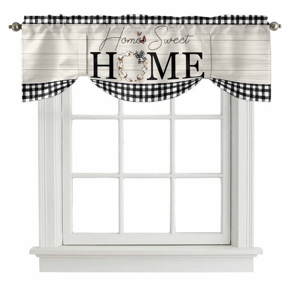 Farmhouse Home Tie Up Valance Curtains for Windows, Kitchen Curtains Window Shades, Black Plaid Vintage Wood Grain Butterfly Light Filtering Roman Curtain Valances for Bedroom/Bathroom/Cafe 42"x18"