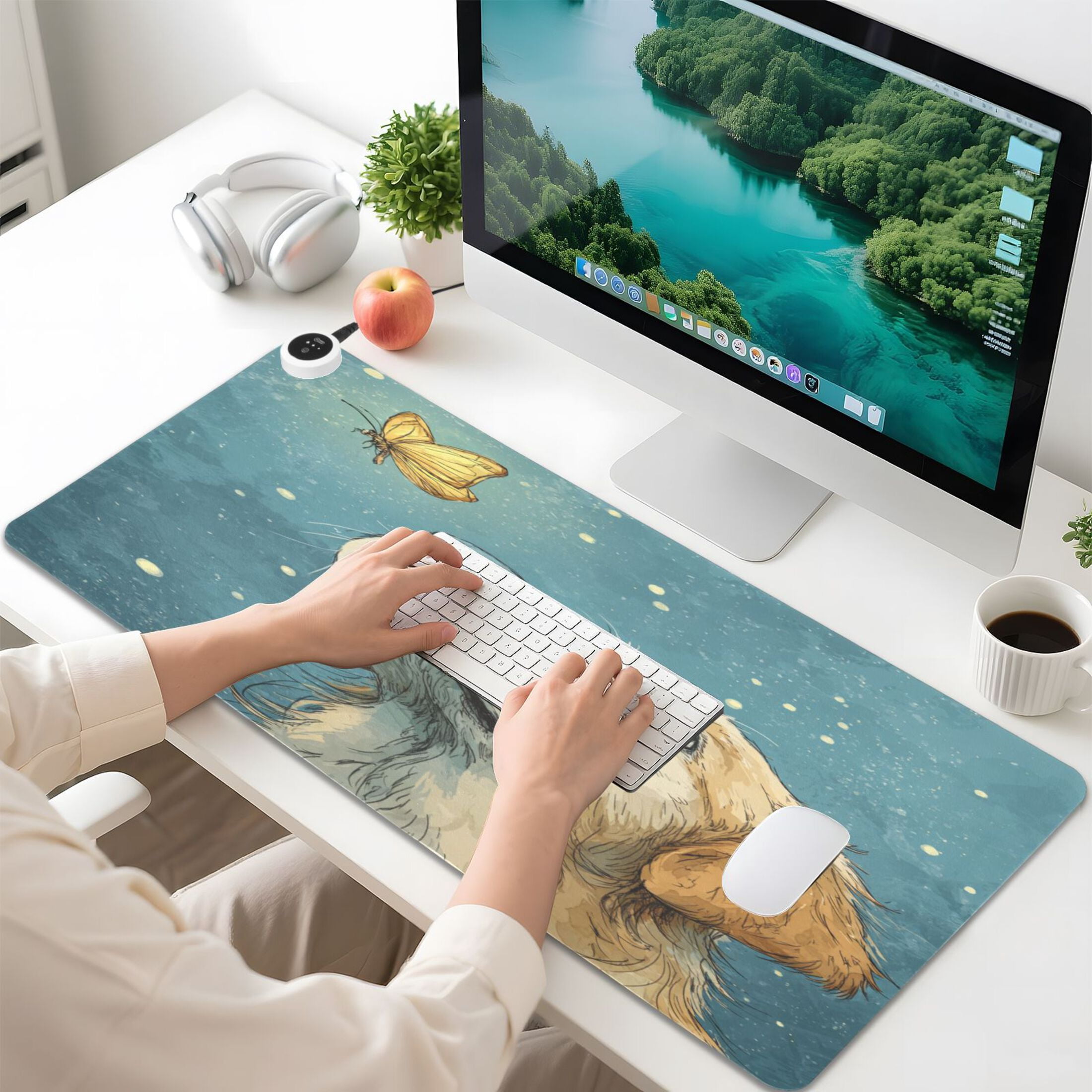 Large Heated Desk Mat Mouse Pad 31.5"x13"PU Leather Graphene Heating Desk Warmer with 3 Temperature Settings 110V US Plug Non-Slip Warm Pad for Home, Office, and Gaming Butterfly Kisses for A Pup