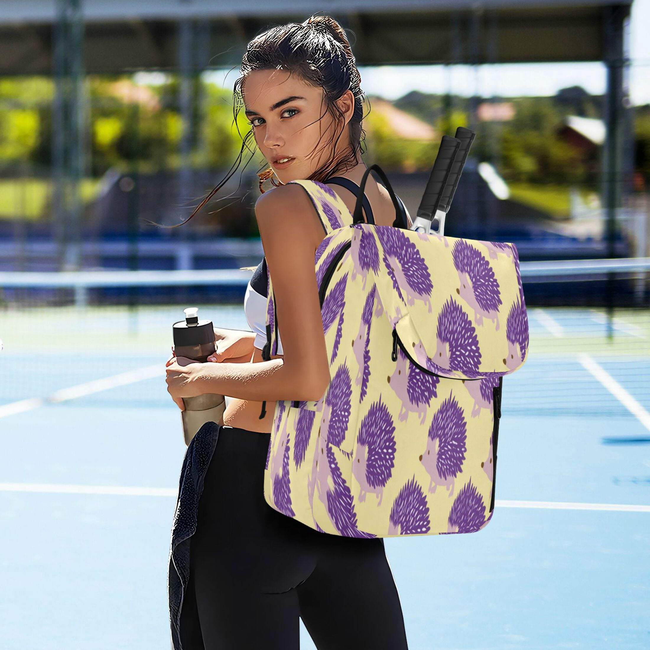 2 Racquet Holder Tennis Backpack Tennis Racket Covers Gym Bags Cute Purple Hedgehog