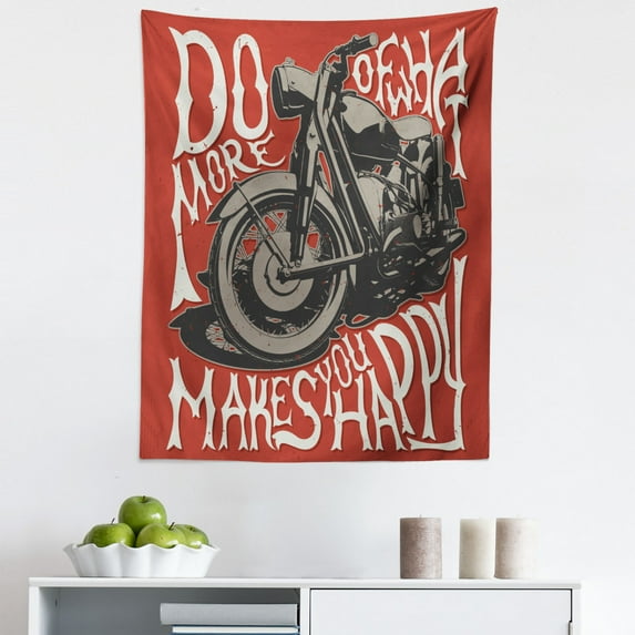 Motorcycle Tapestry, Retro Bike with Uplifting Lettering Free Spirited Rider Words, Fabric Wall Hanging Decor for Bedroom Living Room Dorm, 5 Sizes, Red Warm Taupe and White, by Ambesonne
