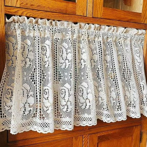 ZH.H Cotton Crochet Kitchen Curtain Sheer Macrame Valance Flower Hollow Window Treatment Decoration 29"x59" Beige