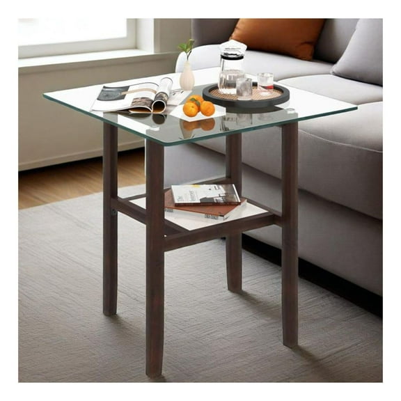 24 Inch Glass Coffee Table, 2-Tier Square Center Table with Storage Shelf, Living Room Cocktail Table