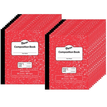 Pacon Composition Book, Grade 3, Red Marble, 3/8" x 3/16" x 3/16" Ruled, 9-3/4" x 7-3/4", 24 Sheets, Pack of 24