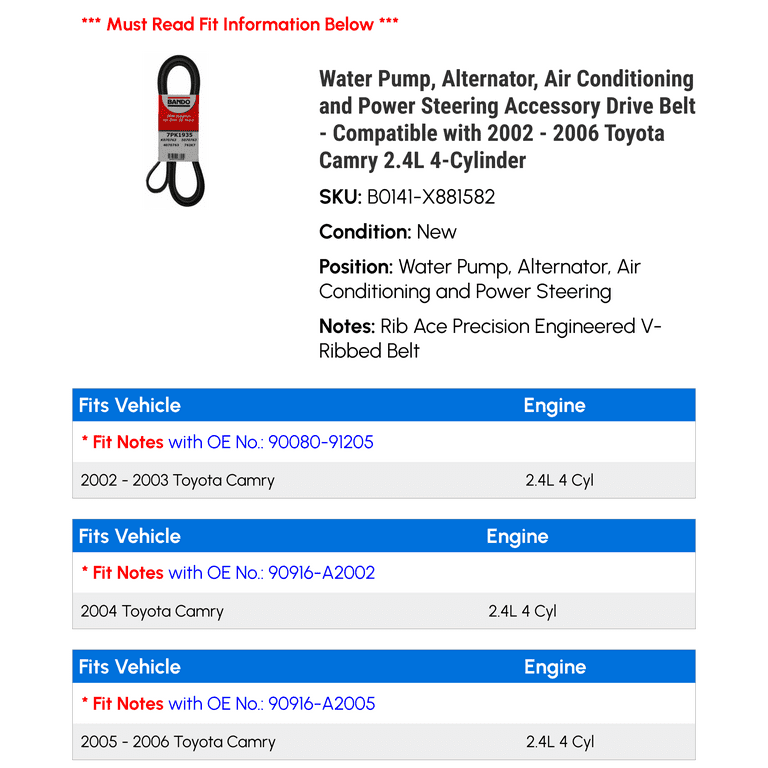 Bando AC Alt Pump Steering Serpentine Belt for 2002 2004 Toyota Camry 2.4L L4