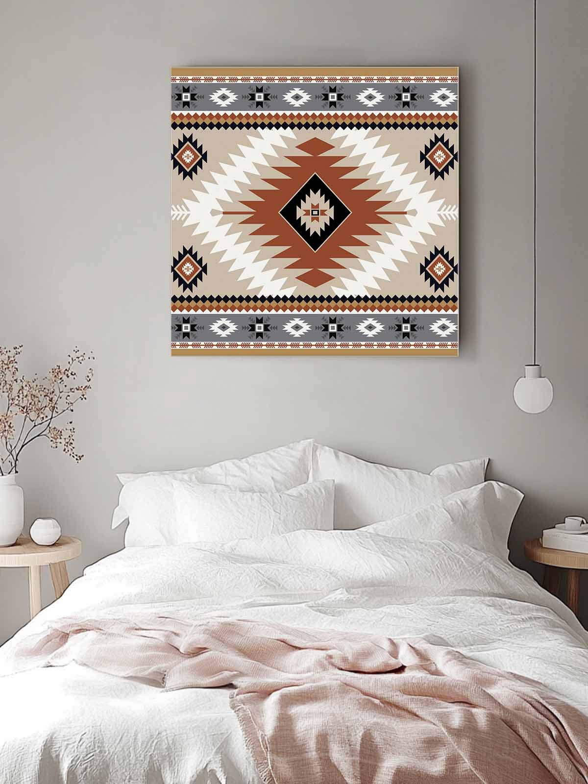 Aztec Southwestern Canvas Wall Art, Ethnic Tribal Style Geometric Orange Khaki Framed Wall Decor Modern Artwork Prints Painting for Living Room, Bedroom, Kitchen & Cafe Decor 20x20 Inch