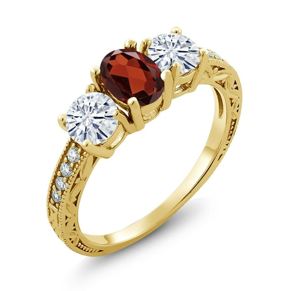 Gem Stone King 18K Yellow Gold Plated Silver 3-Stone Ring Garnet Moissanite(1.99 Cttw) (Size 8)
