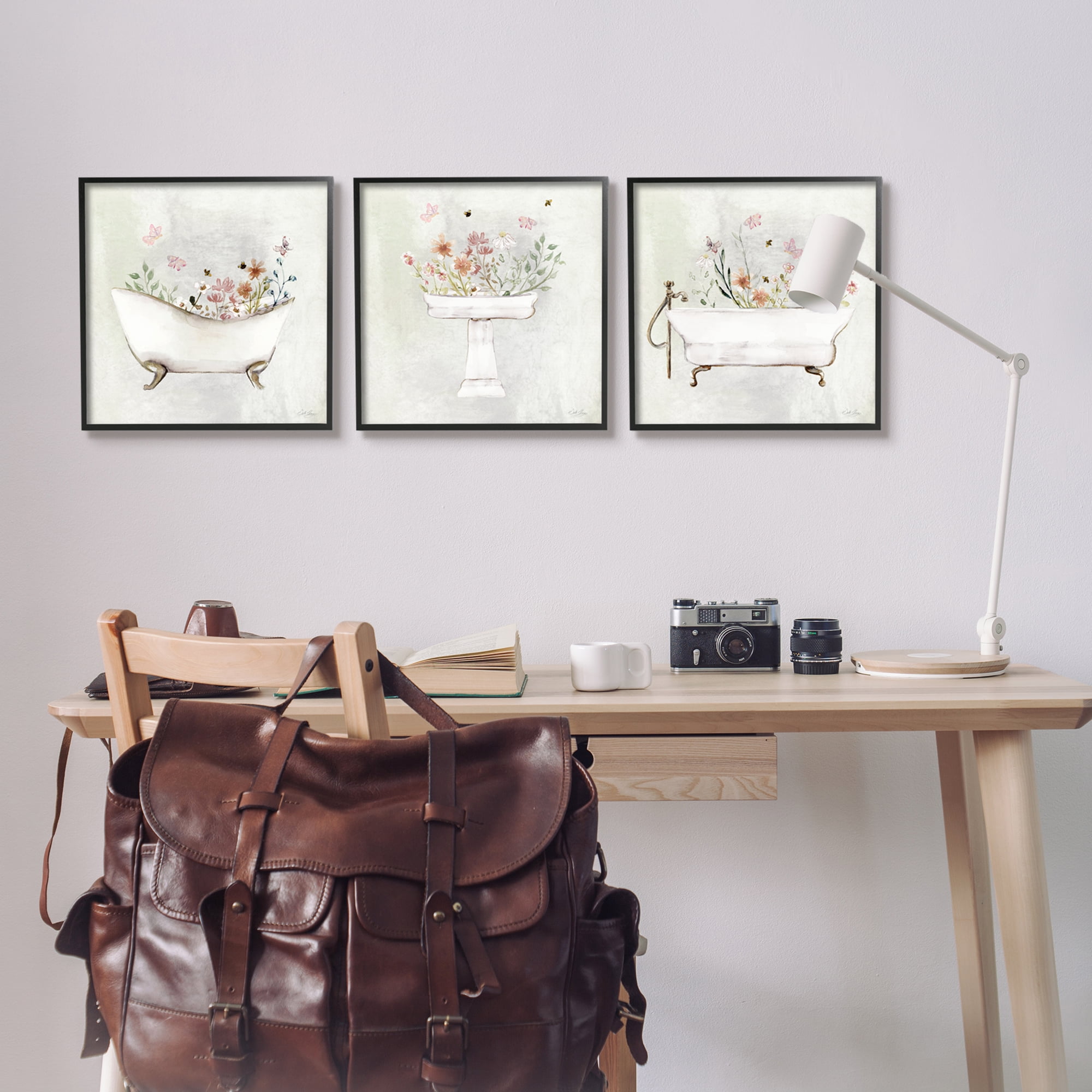 Stupell Industries Soft Floral Bathroom Scenes Botanical & Floral Painting Black Framed Art Print Wall Art, 17 x 17, Set of 3