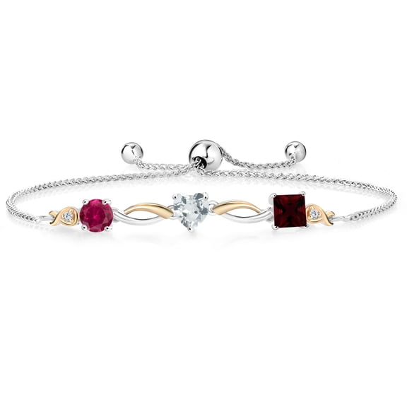 Gem Stone King 925 Silver and 10K Yellow Gold Red Created Ruby Sky Blue Aquamarine Red Garnet and Lab Grown Diamond Tennis Bracelet for Women By Keren Hanan (2.25 cttw, Adjustable up To 9 inch)
